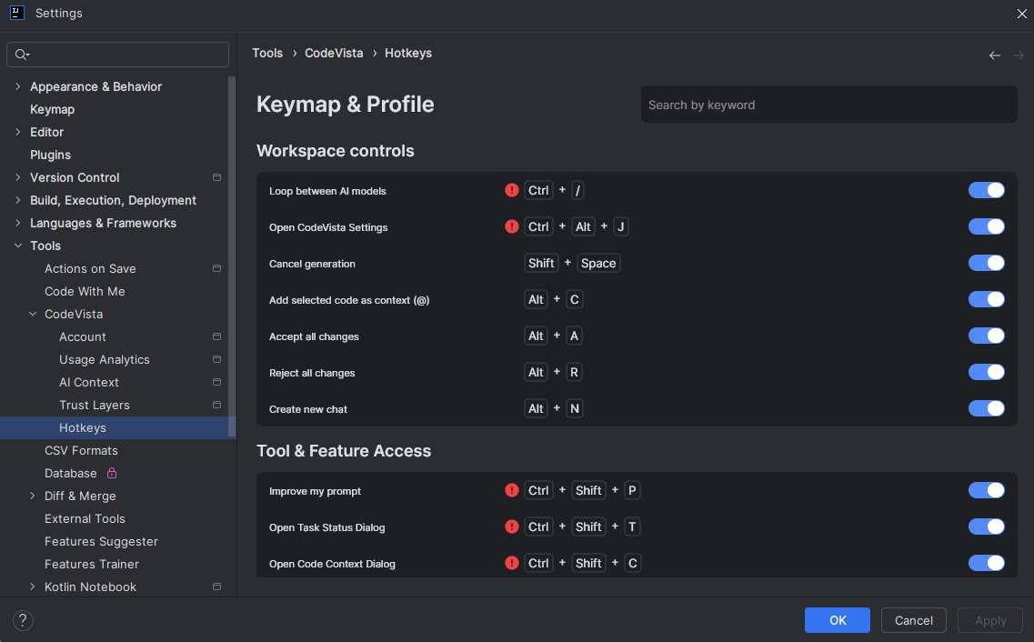 Custom hotkeys in IDE settings